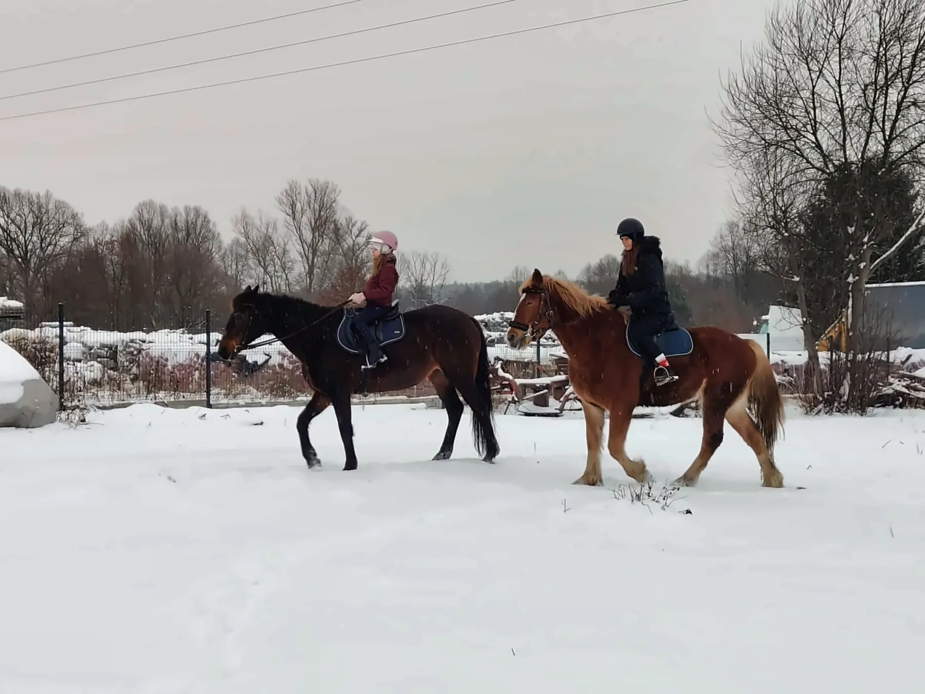Dwie osoby na koniach w kaskach, jazda w śniegu